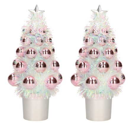 2x Mini artificial christmas tree pink with baubles 19 cm