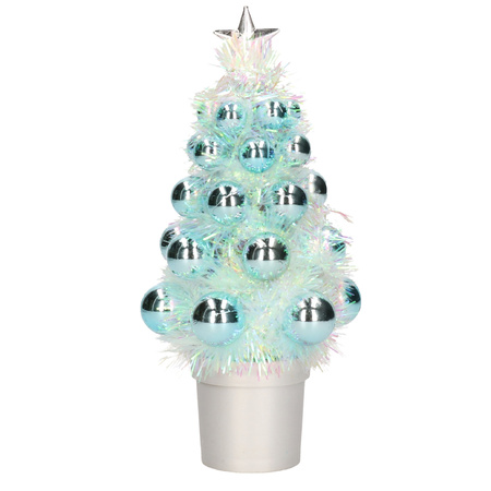 2x Mini kunst kerstboompje turquoise blauw met kerstballen 19 cm