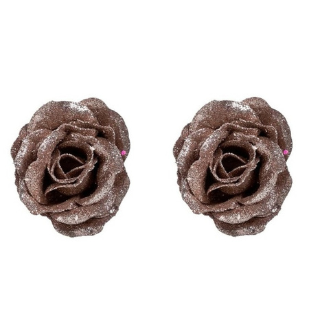 2x Oud roze roos met glitters bloemen op clip 7 cm - kerstversiering