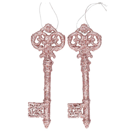 2x Oud roze sleutel decoratiehanger met glitters 15 cm