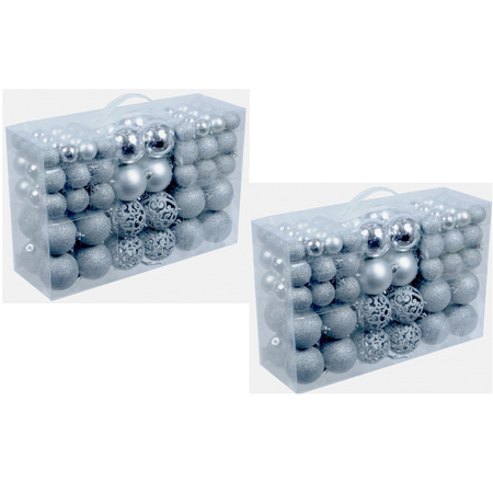 2x pakket met 100x zilveren kunststof kerstballen 3, 4 en 6 cm