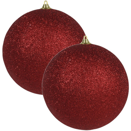 2x Rode grote kerstballen met glitter kunststof 13,5 cm