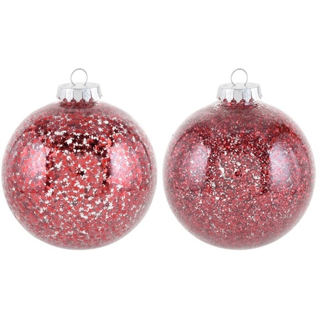 2x Rode sterren/glitter kerstballen 10 cm kunststof