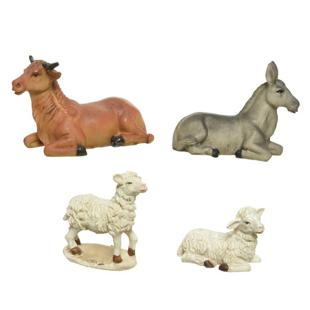 2x sets van 4 stuks polystone dierenbeeldjes os, ezel en schapen 12 cm