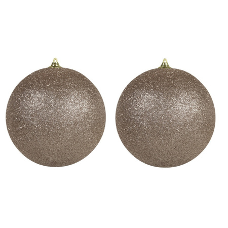 2x stuks Champagne grote kerstballen met glitter kunststof 18 cm