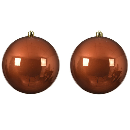 2x stuks grote kunststof kerstballen terra bruin 20 cm glans