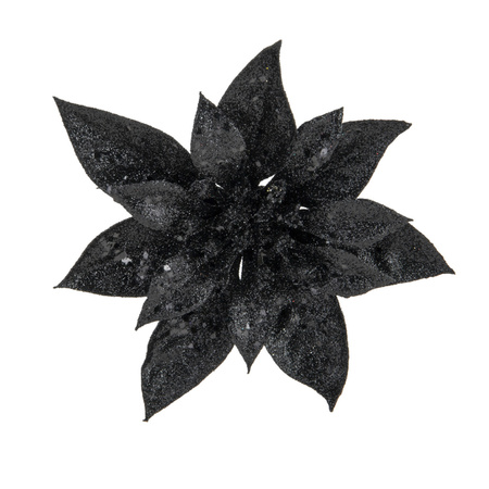 2x stuks kerstboom bloemen kerstster zwart glitter op clip 15 cm