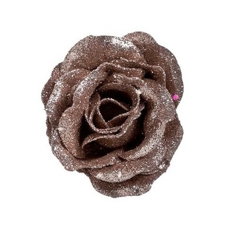 2x stuks kerstboom bloemen/rozen op clip oudroze glitters 7 cm