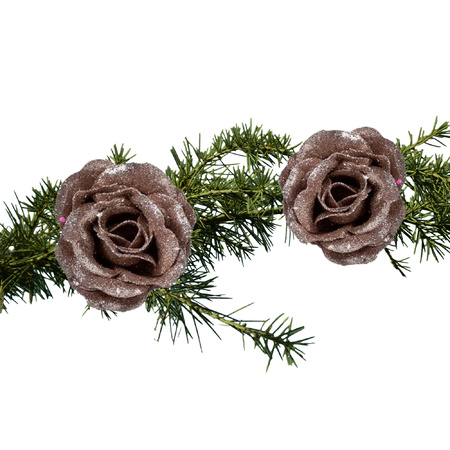 2x stuks kerstboom bloemen/rozen op clip oudroze glitters 7 cm