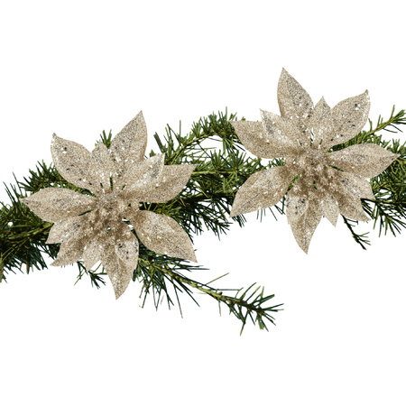 2x stuks kerstboom decoratie bloemen champagne glitter op clip 15 cm