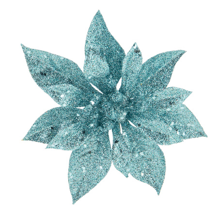 2x stuks kerstboom decoratie bloemen ijsblauw glitter op clip 15 cm