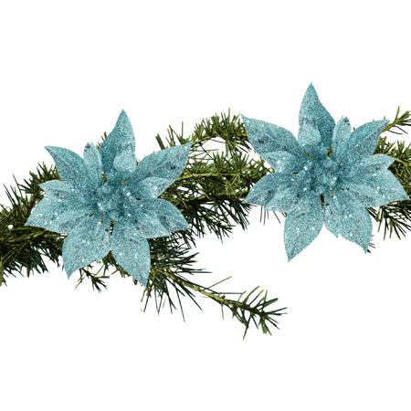 2x pcs christmas decoration flowers on clips ice blue glitter 15 cm