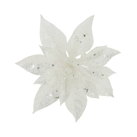 2x stuks kerstboom decoratie bloemen wit glitter op clip 15 cm