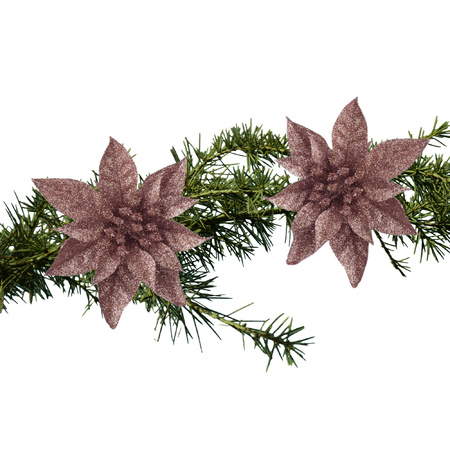 2x stuks kerstboomversiering op clip donker beige glitter bloem 15 cm