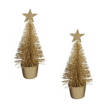 2x stuks kerstversiering gouden glitter kerstbomen/kerstboompjes 15 cm