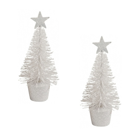 2x stuks kerstversiering witte glitter kerstbomen/kerstboompjes 15 cm