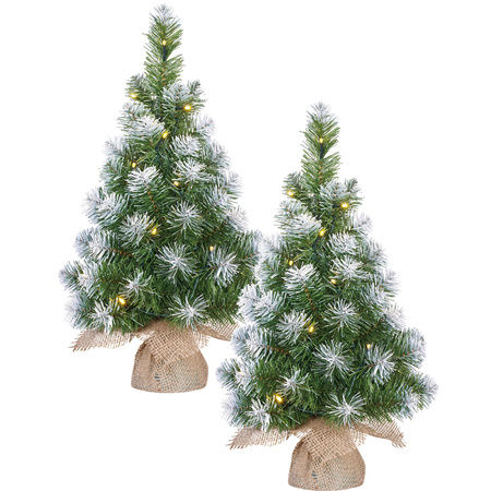 2x pieces christmas tree with 15 green leds and snow 60 cm