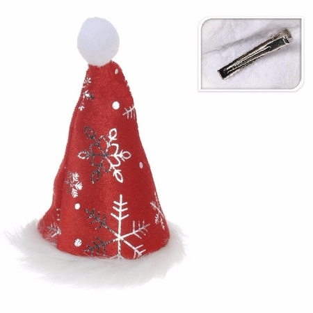 2x stuks mini kerstmutsjes met sneeuwvlokken op clip