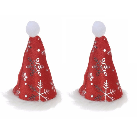 2x stuks mini kerstmutsjes met sneeuwvlokken op clip