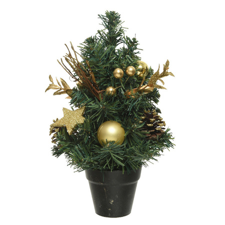 2x stuks mini kunst kerstbomen/kunstbomen met gouden versiering 30 cm