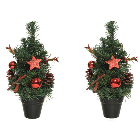 2x stuks mini kunst kerstbomen/kunstbomen met rode versiering 30 cm