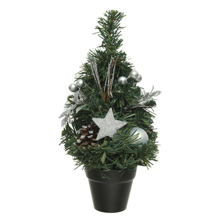 2x pieces mini artificial Christmas trees with silver decoration 30 cm