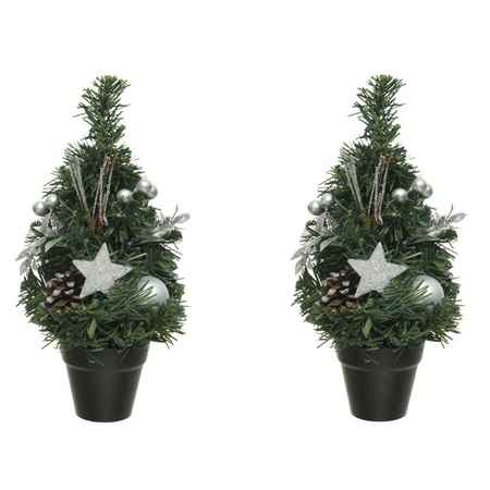2x pieces mini artificial Christmas trees with silver decoration 30 cm