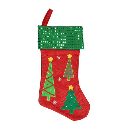 2x pieces jute christmas stockings red/green with trees 45 cm