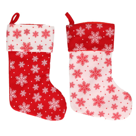 2x pieces red/white christmas stockings with snowflakes 40 cm