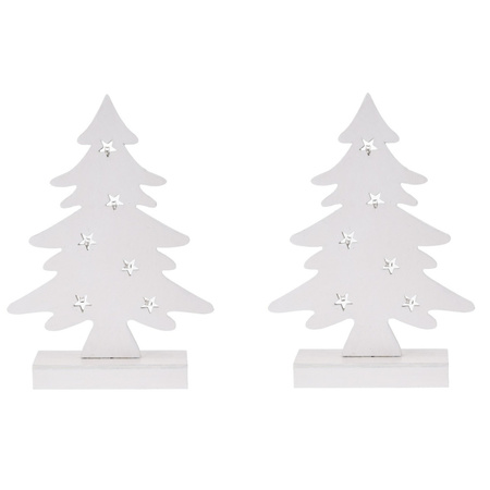 2x stuks wit houten kerstboompjes decoraties 28 cm met Led verlichting