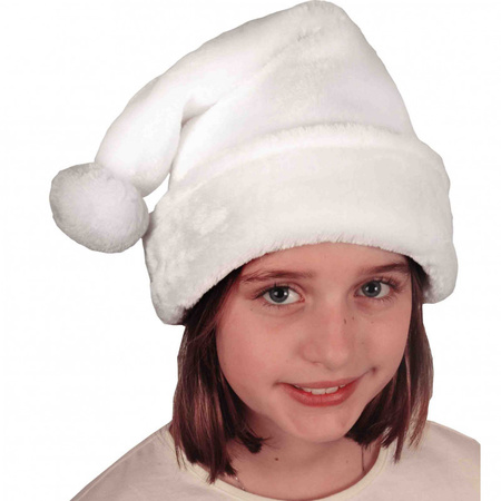 2x stuks witte pluche kerstmutsen voor kinderen 