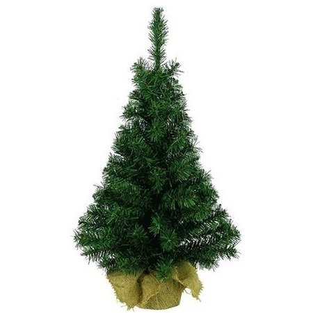 2x Volle kerstbomen groen in jute zak 45 cm