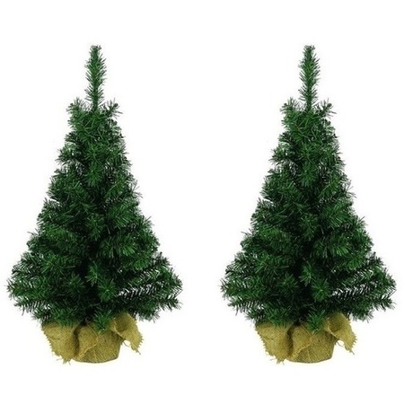 2x Volle kerstbomen groen in jute zak 45 cm