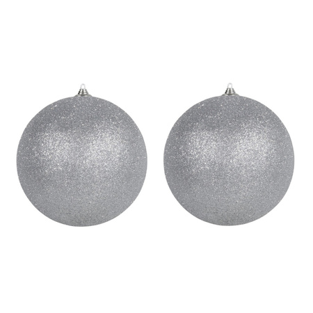 2x Zilveren grote decoratie kerstballen met glitter kunststof 25 cm