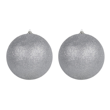 2x Zilveren grote kerstballen met glitter kunststof 18 cm
