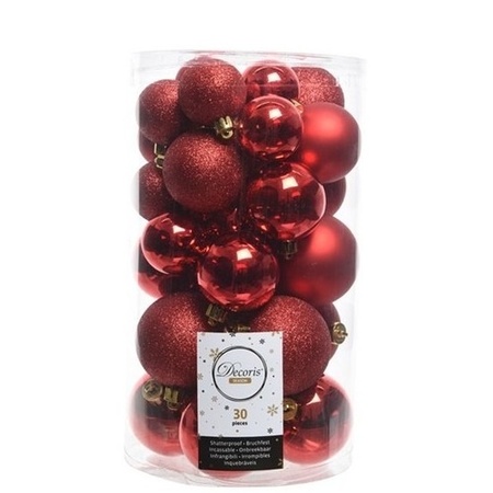30x Red Christmas baubles 4-5-6 cm plastic matte/shiny/glitter