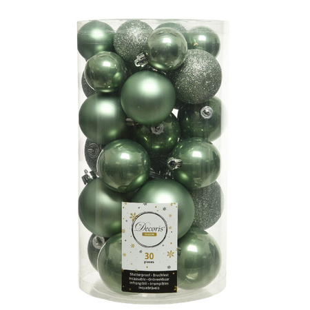 30x Sage green Christmas baubles 4-5-6 cm plastic matte/shiny/glitter