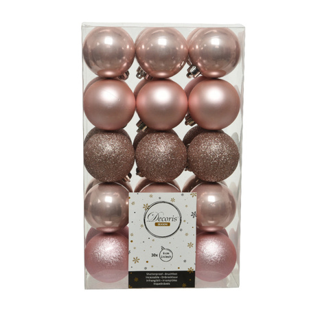 30x stuks kunststof kerstballen lichtroze (blush) 6 cm glans/mat/glitter
