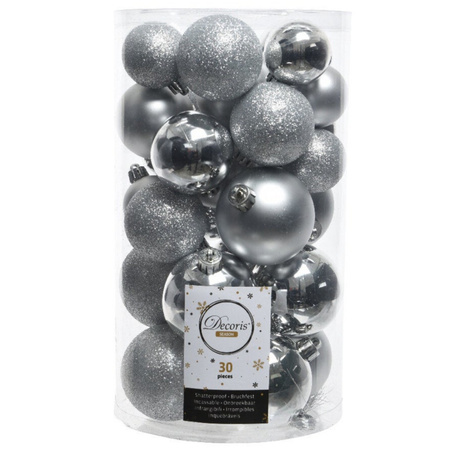 30x Silver Christmas baubles 4-5-6 cm plastic matte/shiny/glitter