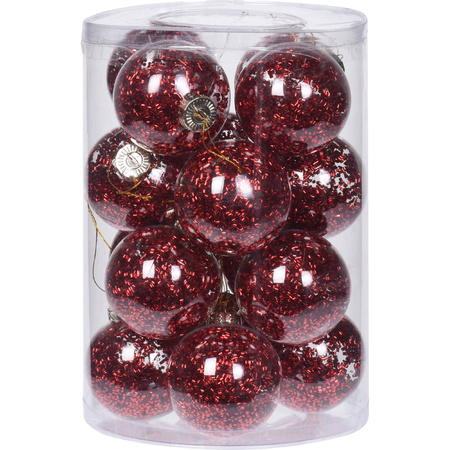 32x Transparent plastic baubles with red decoration 8 cm
