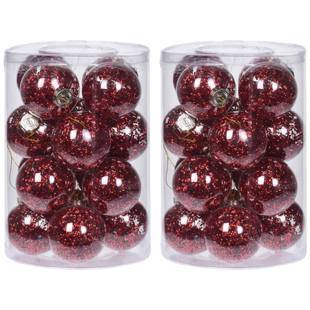 32x Transparent plastic baubles with red decoration 8 cm