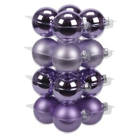 32x Purple mix glass Christmas baubles 8 cm 