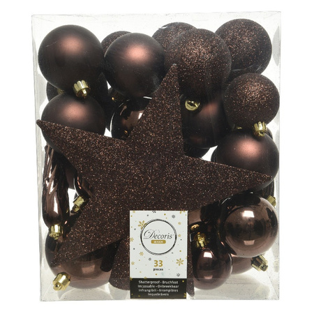 33x Dark brown Christmas baubles with startopper 5-6-8 cm plast