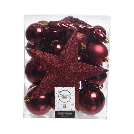 33x Donkerrode kerstballen met ster piek 5-6-8 cm kunststof mix