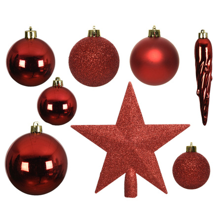 33x Rode kerstballen met ster piek 5-6-8 cm kunststof mix