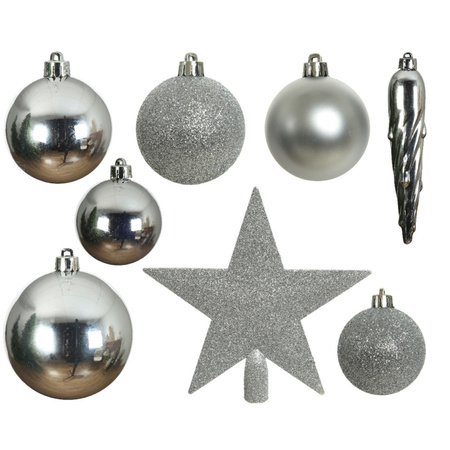 33x Silver Christmas baubles with startopper 5-6-8 cm plastic mix