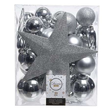 95 stuks Kerstballen mix zilver-zwart voor 150 cm boom
