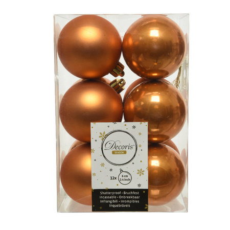 36x Plastic christmas baubles cognac brown (amber) 6 cm mix