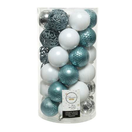 37x stuks kunststof kerstballen zilver/wit/ijsblauw (blue dawn) 6 cm 