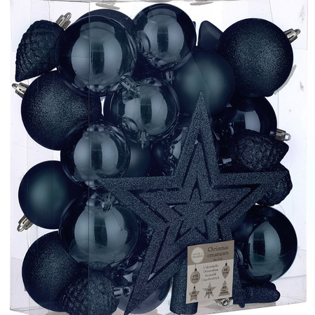 39x pcs plastic christmas baubles/ornaments with star tree topper dark blue